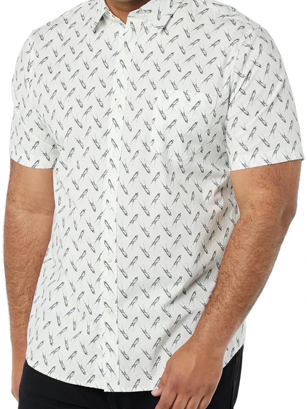 🚘 NWOT Amazon Essentials Cream Short-Sleeve BIRD Printed Button-Down Shirt SLIM